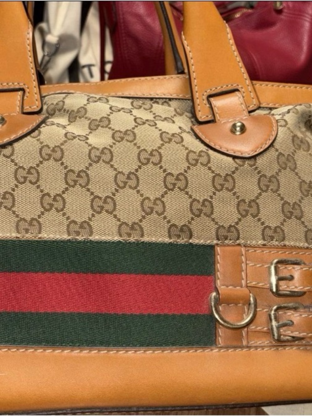 Gucci Beige Monogram Shoulder Bag with Red-Green Web Stripe
